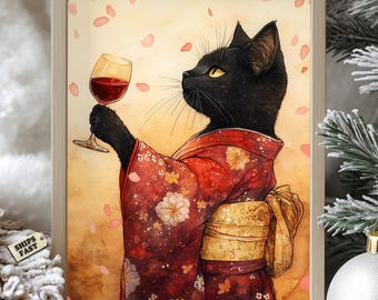Japanese Cat Art Print: Kimono Kitty Toasting with Wine
