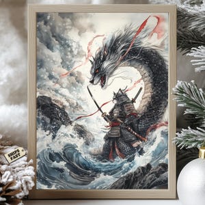 Cat Samurai and Dragon Poster, Epic Japanese Warrior Cat Wall Art, Fantasy Animal Battle Print, Japanese Cat, Dramatic Katana Cat Poster