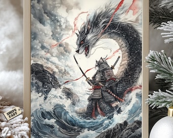Cat Samurai vs Dragon Art Print: Epic Japanese Warrior Poster