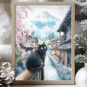 Black Cat in Japanese Village Poster, Mount Fuji Cherry Blossom Print, Cute Japan Street Cat Wall Art, Kawaii Cat Watercolor Home Decor