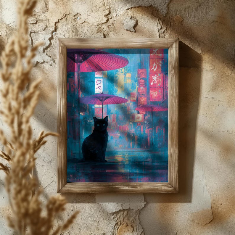 Japanese cat artwork, cyberpunk neon city, futuristic home decor.