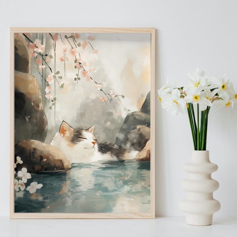 Japanese Onsen Cat Art Print: Tranquil Sakura Spa Poster - Etsy