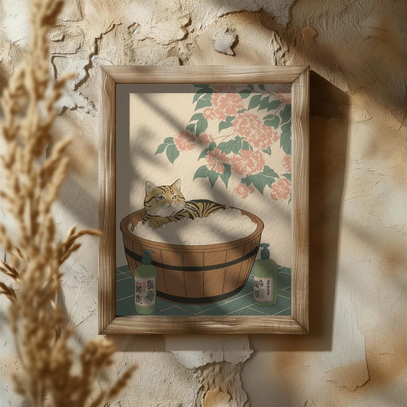 Tabby Cat Bathtub Poster: Japanese Zen Bathroom Spa Art - Etsy