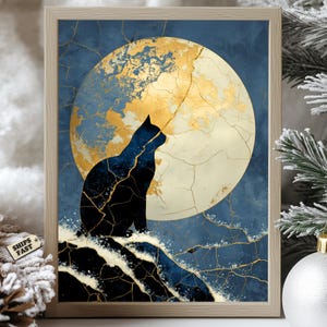 May include: A framed art print featuring a black cat silhouette perched on a rock, set against a backdrop of a golden moon and a deep blue sky. The artwork has a textured, cracked effect with gold accents, creating a striking contrast.