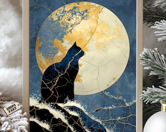 Stampa artistica del gatto lunare Kintsugi, decorazione giapponese Zen Wabi Sabi