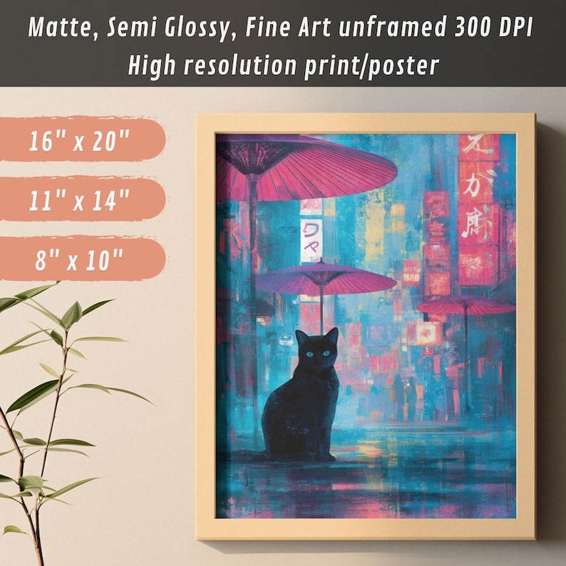 Futuristic watercolor cat art with glowing neon umbrellas, cyberpunk wall print.