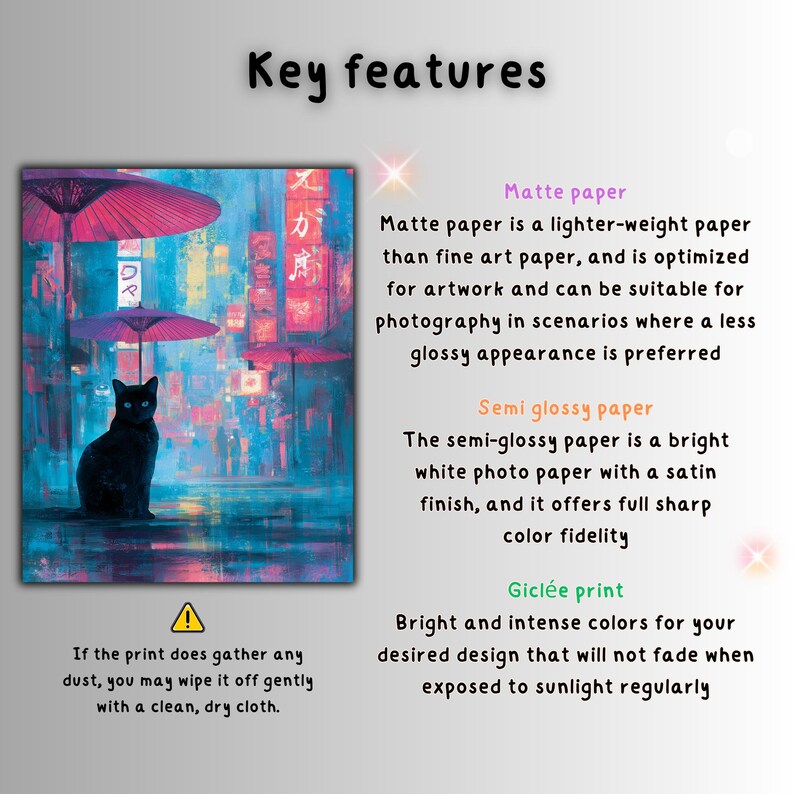 May include: A digital art print featuring a black cat with blue eyes, sitting in a rainy street scene with red umbrellas and neon signs. The print is available on matte or semi-glossy paper, with gicl&eacute;e printing for vibrant colors.