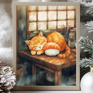 Japanese Cat Sushi Poster - Cute Orange Cat Sleeping & Sushi, Cozy Japanese Art Print, Whimsical Feline Decor, Sushi Lover Gift