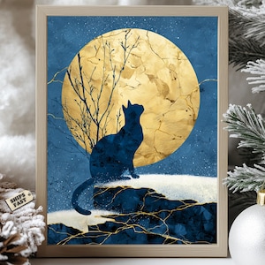 May include: Framed art print featuring a navy blue cat silhouette gazing at a large, golden moon. The artwork has a textured appearance with gold accents and a dark blue background. A bare tree is to the left of the moon.