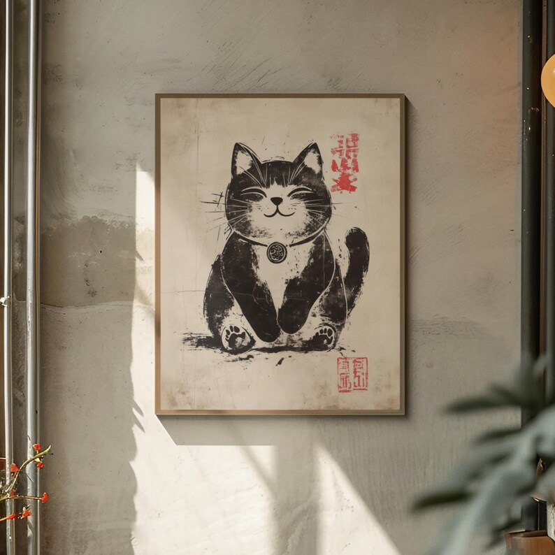 Monochrome Japanese-style print of a maneki-neko representing prosperity, set against a weathered canvas.