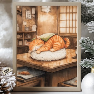 Japanese Sushi Cat Poster - Adorable Orange Tabby Sleeping on Rice, Whimsical Kitchen Art, Sushi Lover Gift, Cute Japan-Inspired Print