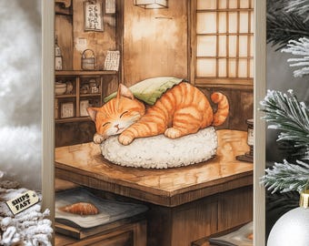 Sushi Cat Art Print: Orange Tabby Sleeping on Rice