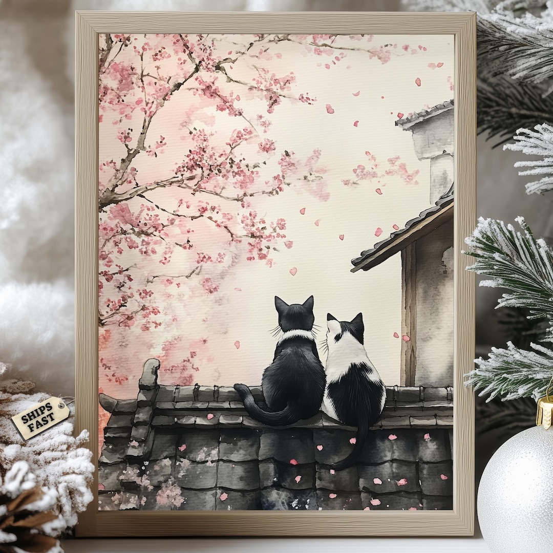 Japanese Cat Poster: Watercolor Sakura Blossoms Wall Art - Etsy