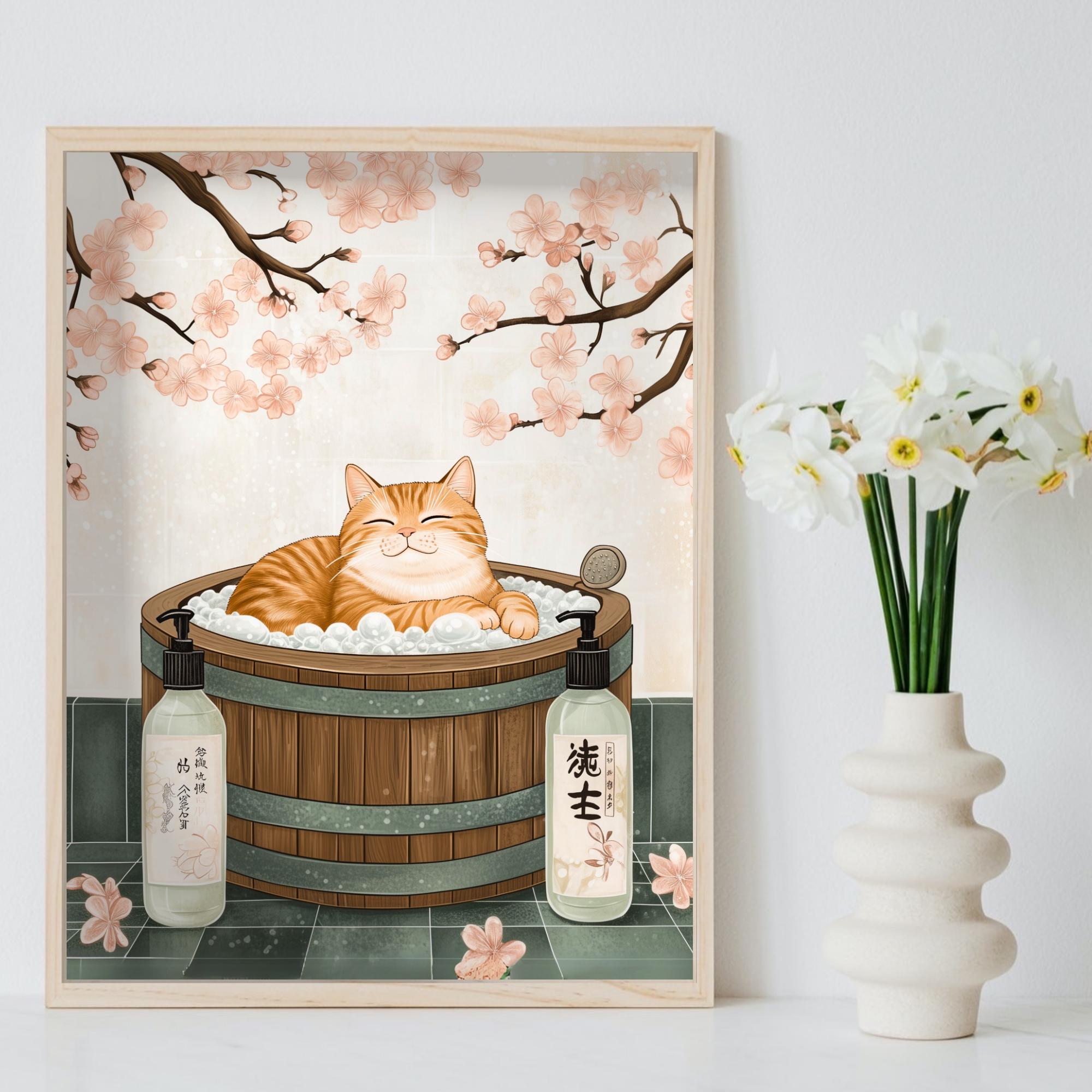 Orange Tabby Cat Sakura Spa Bath Poster – Japanese Art Print - Etsy