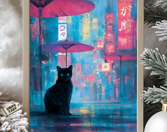 Japanese Cyberpunk Cat Poster: Neon City Watercolor Art