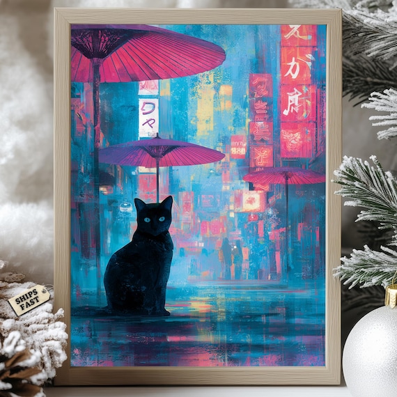 Japanese Cyberpunk Cat Poster: Neon City Watercolor Art