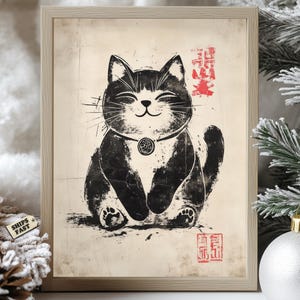 Póster de gato de la suerte japonés, arte mural Maneki Neko estilo Sumi-e, impresión de pintura con tinta zen, decoración minimalista de gato japonés, arte tradicional asiático