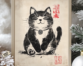 Sumi-e Maneki Neko Print: Japanese Lucky Cat Art