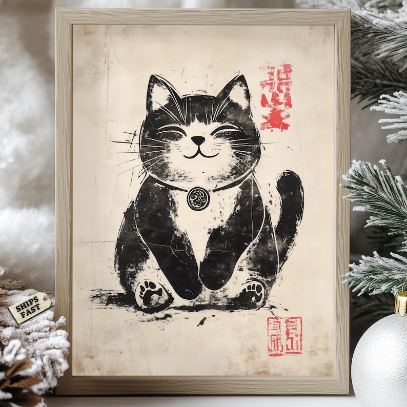 Traditional Japanese ink print of a smiling lucky cat with red calligraphy stamps on aged paper background.