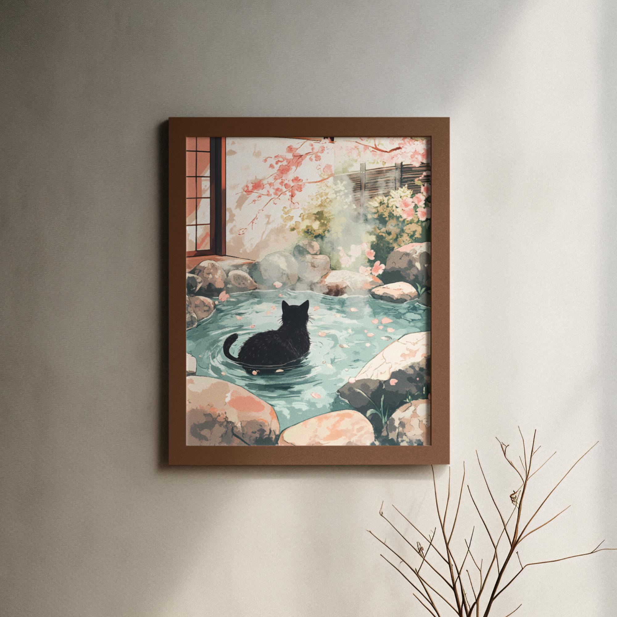 Japanese Black Cat Onsen Poster: Sakura Zen Art Print - Etsy