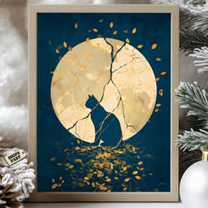 May include: A framed art print featuring a silhouette of a cat sitting in front of a full moon. The moon is a pale yellow with gold-colored veins, and the background is a deep blue. Gold-colored leaves and branches are scattered around the cat and moon.