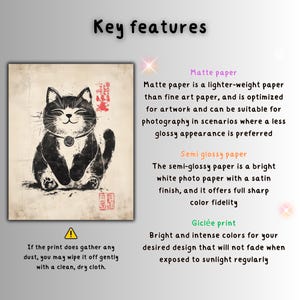 Puede incluir: Ilustraci&oacute;n en blanco y negro de un gato con una cara sonriente, con collar. La obra de arte est&aacute; impresa en papel mate y presenta una impresi&oacute;n gicl&eacute;e. La imagen incluye texto sobre tipos de papel e instrucciones de cuidado.