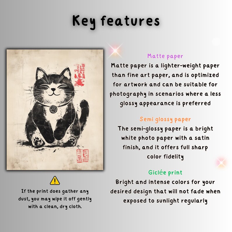 Puede incluir: Ilustraci&oacute;n en blanco y negro de un gato con una cara sonriente, con collar. La obra de arte est&aacute; impresa en papel mate y presenta una impresi&oacute;n gicl&eacute;e. La imagen incluye texto sobre tipos de papel e instrucciones de cuidado.