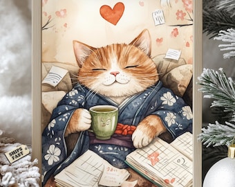 Japanese Cat Print: Kawaii Kimono Cat Wall Art, Tea Lover Gift