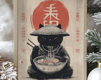 Kawaii Ramen Cat Poster: Japanese Kitchen Art Print