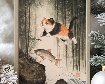 Calico Cat Art Print: Japanese Ink Painting, Bamboo Forest Decor