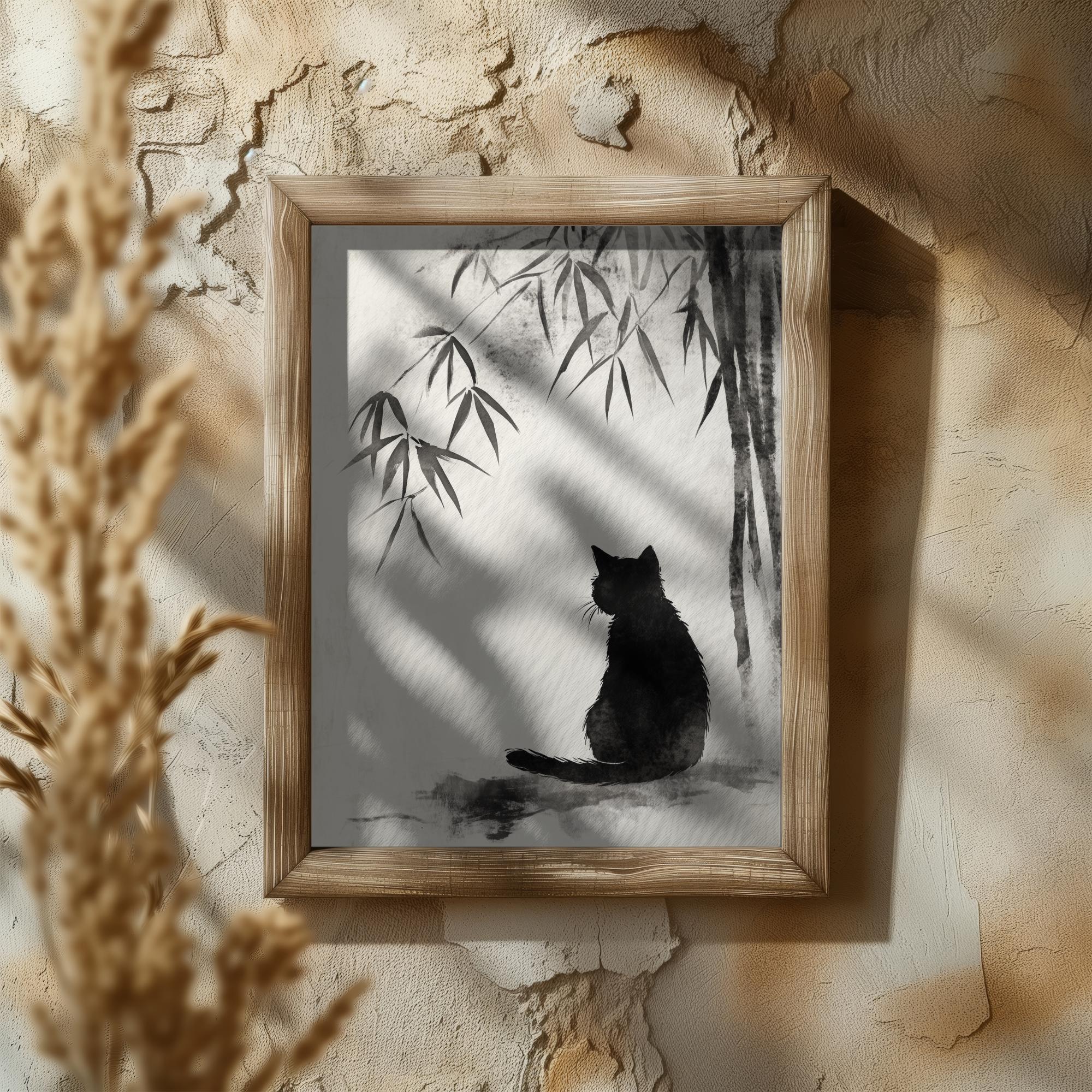 Japanese Black Cat Sumi-e Ink Painting: Zen Asian Wall Art - Etsy