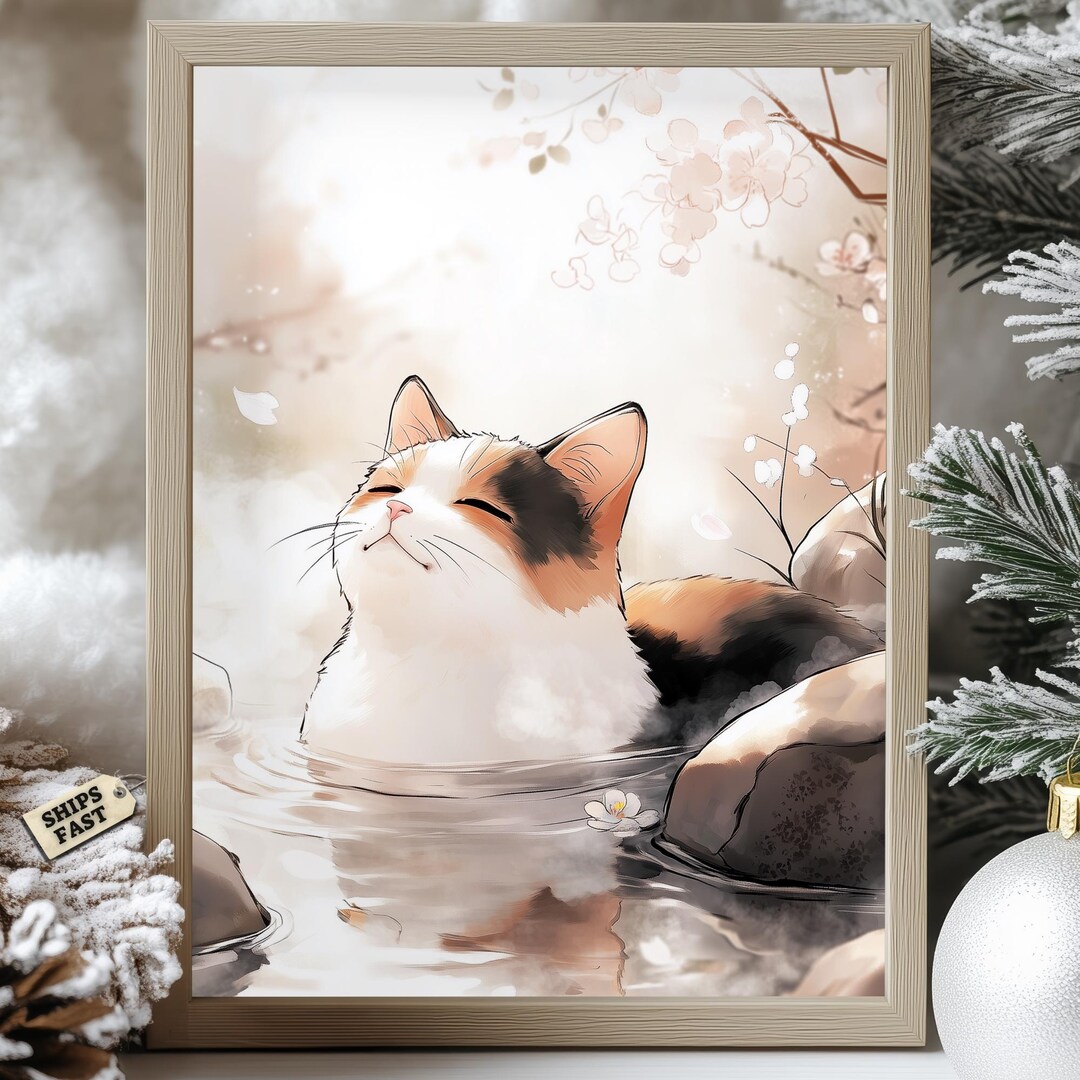 Tranquil Calico Cat in Onsen Poster, Zen Hot Spring Wall Art, Japanese ...
