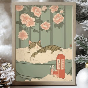 Póster de baño de gato atigrado japonés: Impresión artística de baño de burbujas relajante