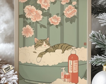 Japanese Cat Bath Poster - Relaxing Tabby Cat in Bubble Bath Art, Tabby Cat in Bathtub, Minimalist Poster, Aesthetic Wall Art