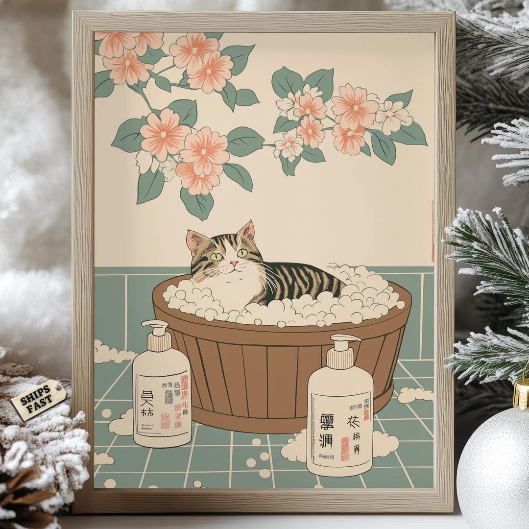 Tabby Cat Bubble Bath Art Print: Japanese Floral Design - Etsy