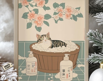 Tabby Cat Bubble Bath Art Print: Japanese Floral Design