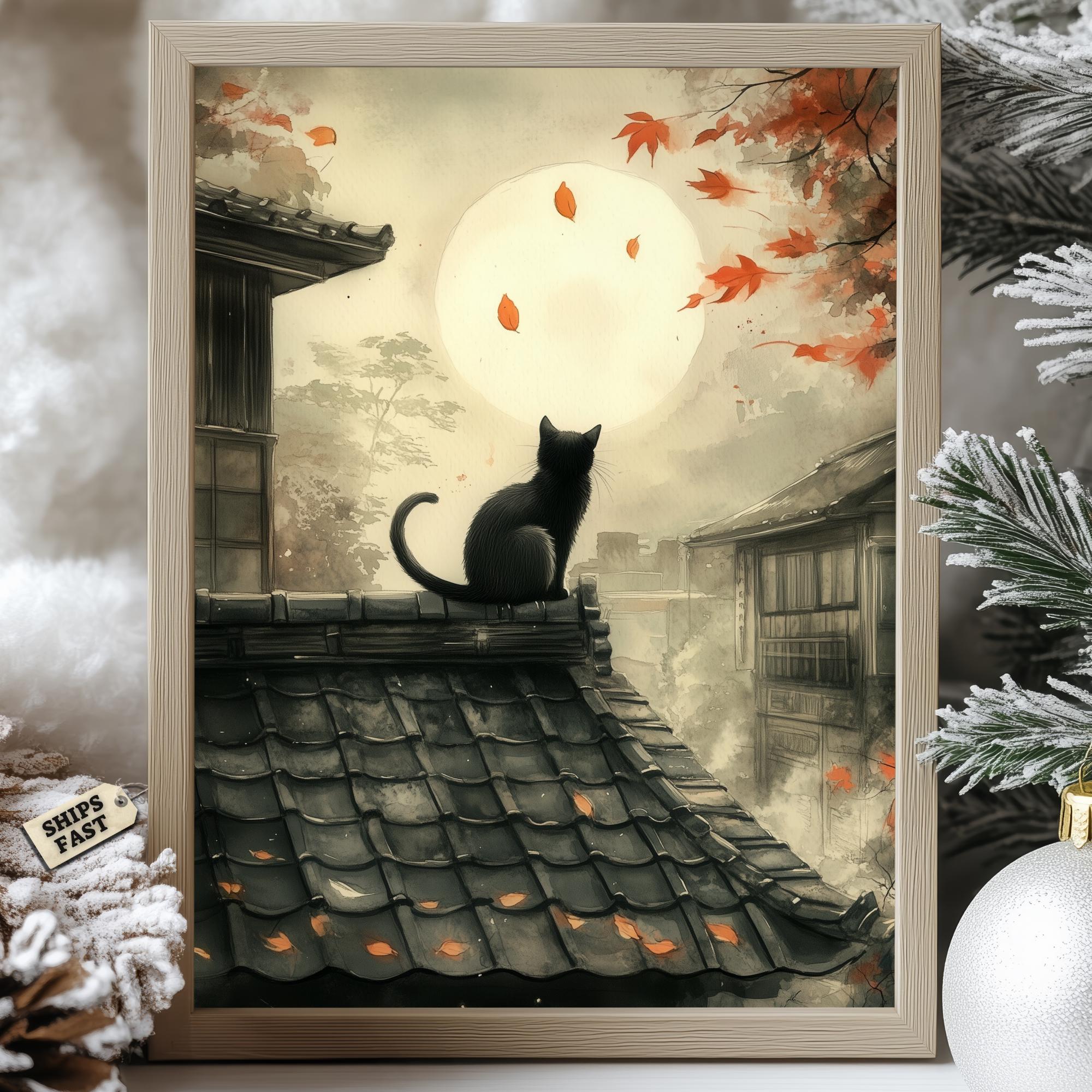 Black Cat Full Moon Poster, Japanese Rooftop Art, Autumn Night Cat Print, Dark Cozy Wall Decor, Witchy Cat Poster, Fall Moonlight Poster