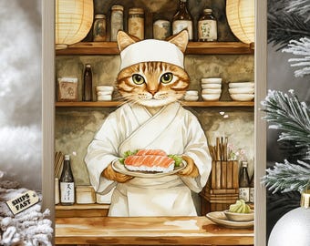 Sushi Chef Cat Poster: Japanese Kitchen Art, Salmon Sushi Print