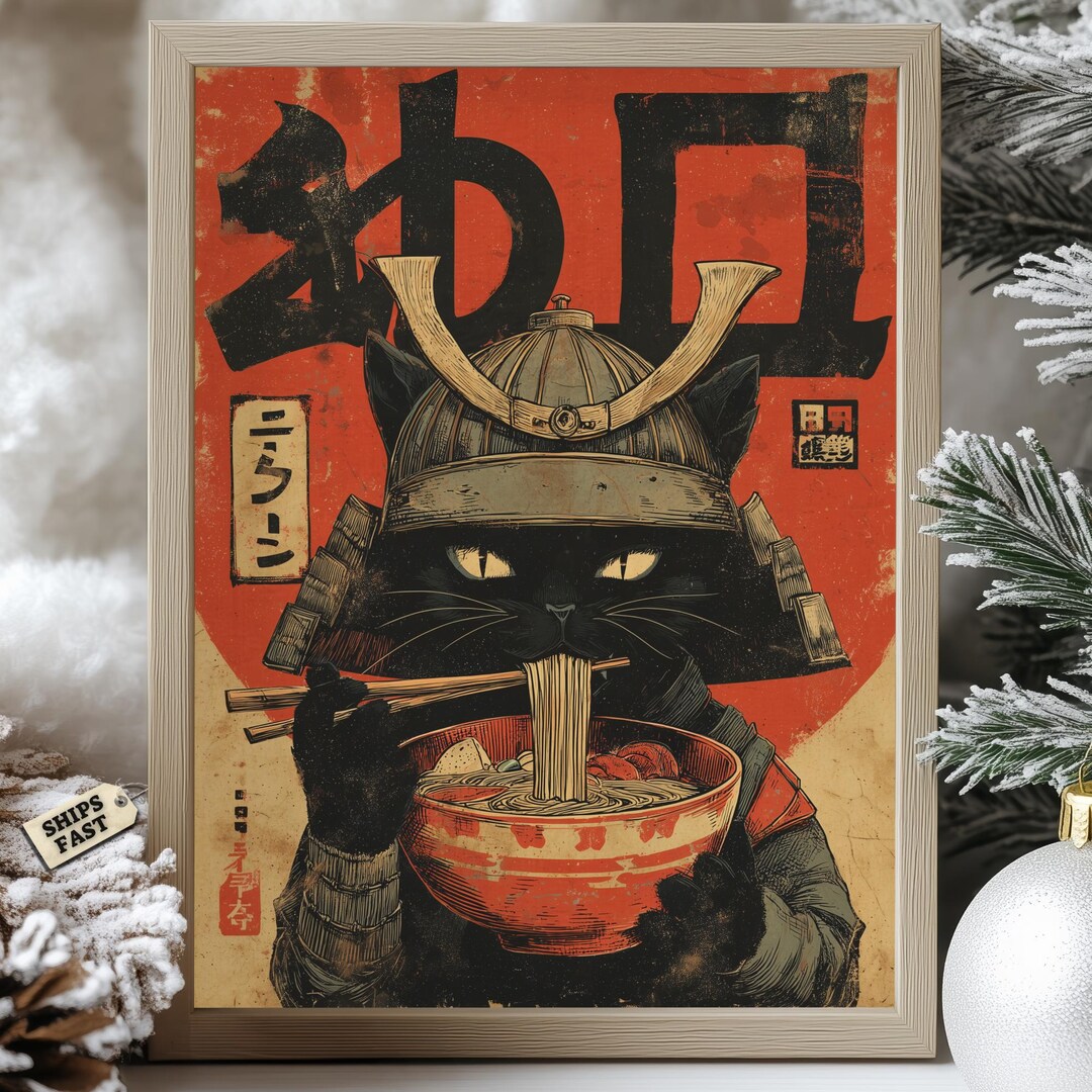 Samurai Cat Ramen Poster: Retro Japanese Kitchen Wall Art - Etsy