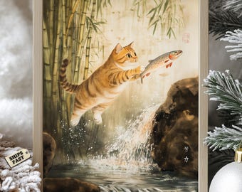 Japanese Cat Print: Bamboo Forest Waterfall, Zen Asian Art