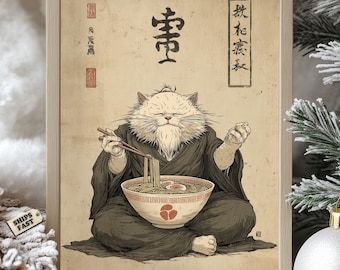 Zen Ramen Cat Poster: Japanese Kitchen Wall Art