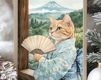 Japanese Kimono Cat Poster: Watercolor Mt. Fuji Print
