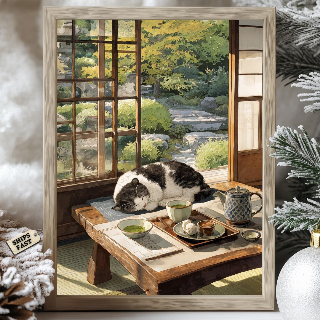 Japanese Tea Room Cat Poster: Watercolor Zen Garden Wall Art - Etsy