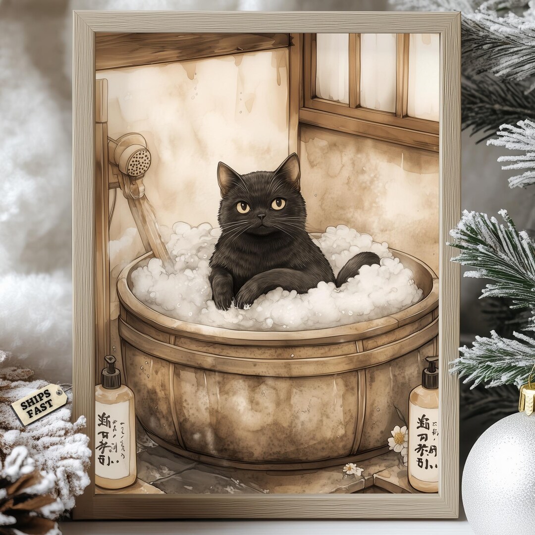 Black Cat Japanese Bath Poster: Cozy Vintage Art Print - Etsy