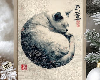 Japanese Zen Cat Print: Ukiyo-e Style Sumi-e Art