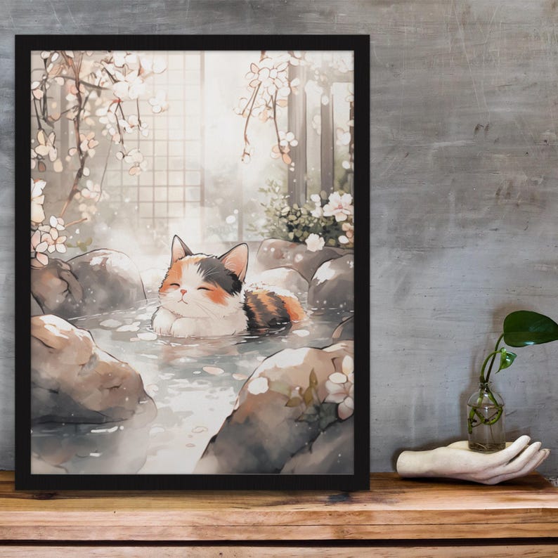 Japanese Calico Cat Onsen Poster: Zen Spa Wall Art - Etsy
