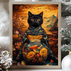 Kimono Black Cat Poster - Fantasy Asian Decor, Japanese Cat Aesthetic, Goldfish Art Print, Floral Samurai Cat, Unique Gift for Cat Lovers