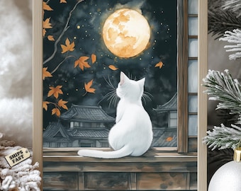 Impressão de gato lunar japonês: arte de parede zen de noite de outono