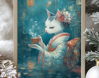 Poster Japanse kattenkimono: Underwater Tea Party-kunst