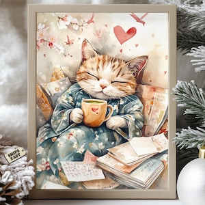 Japanese Cat Poster, Cozy Cat with Tea Wall Art, Kimono Cat Illustration, Sakura Cherry Blossom Print, Kawaii Cat Study Decor, Zen Cat Art